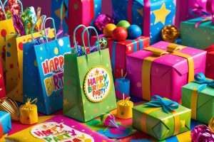 Kids birthday party supplies, goodies wrapped in a theme, ultra realistic