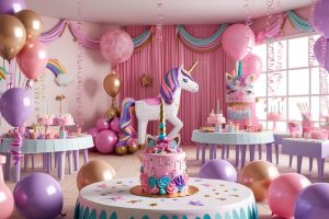 Kids birthday party venue decorated in unicorn theme, ultra realistic