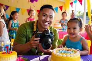 create an image of a photographer clicking pictures of 1 year old child birthday party
