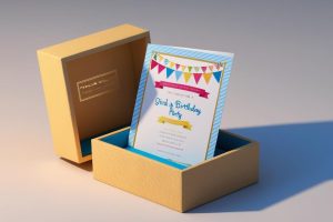 kid birthday party invitation card in a premium box, 3d, ultra realistic,